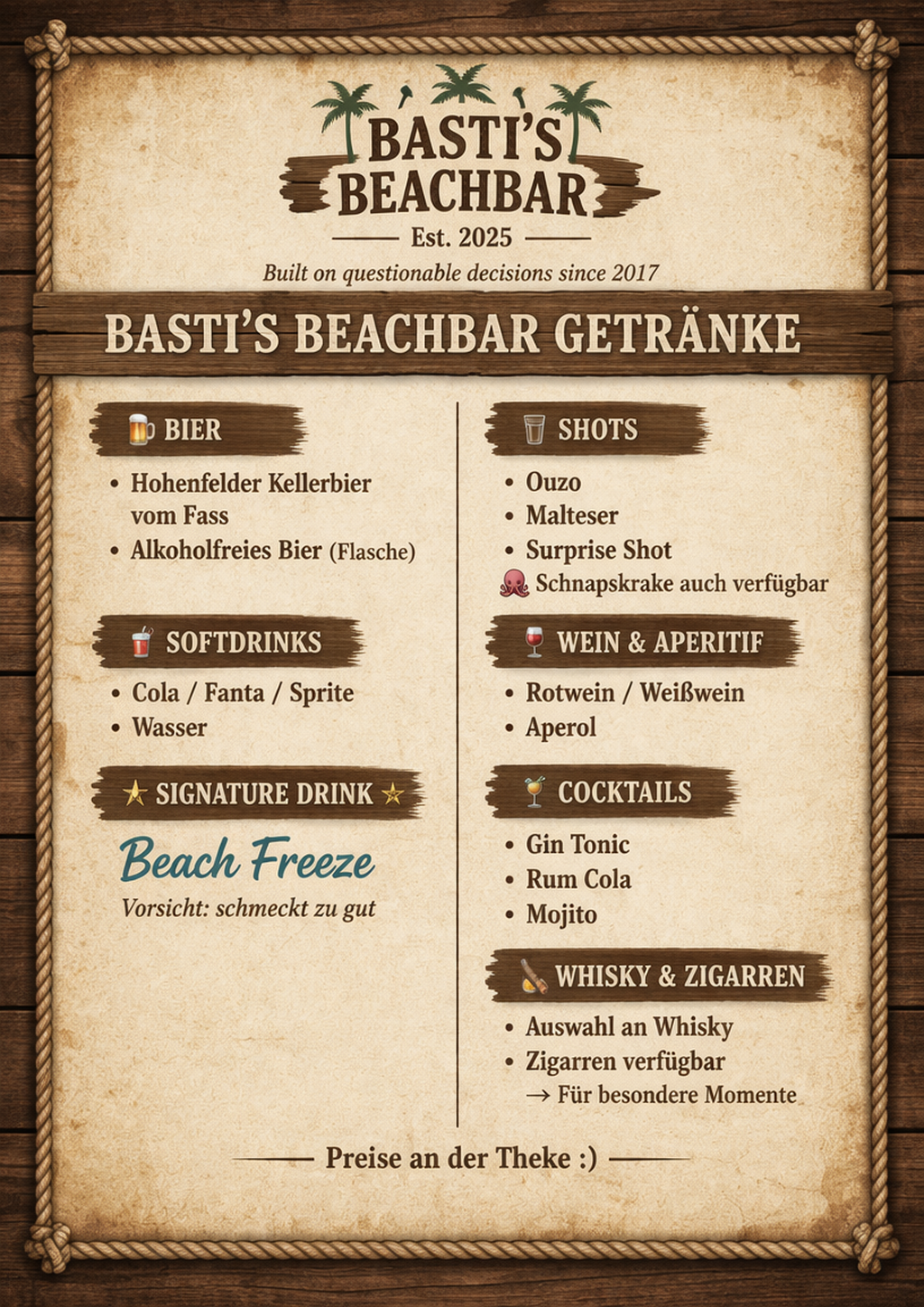Getränkekarte Basti's Beach Bar